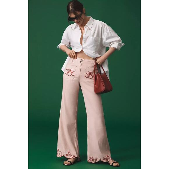 Anthropologie Pants - NWD Maeve The Junie Embroidered High-Rise Flare Pants Sz 32P Pink #7C503